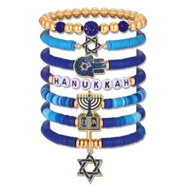 Imagem de boderier Pulseiras de Hanukkah para mulheres Stack Star of David Menorah Dreidel Charm Bracelet Blue Beaded Stretch Bracelet Jewish Chanukah Outfit Accessories Hanukkah Jewelry Gifts, One Size