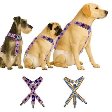 Imagem de Suspensórios de fraldas para cães femininos e machos, pacote com 2 (estrelas da bandeira dos EUA e listras do arco-íris) ajustáveis, clipes elásticos para cães de 4,5 a 91 kg evitam a troca de fraldas
