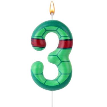 Imagem de Vela de aniversário com concha de tartaruga, desenho animado com número de aniversário, tartaruga verde, topo de bolo de aniversário para decoração de aniversário (número 3)