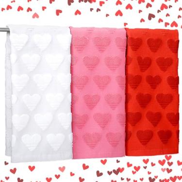 Imagem de Oudain Conjunto de 3 toalhas de mão para o dia dos namorados, toalhas de banho de coração dos namorados 75 x 35 cm, 100% algodão, vermelho, rosa, branco, jacquard, decorações de cozinha para banheiro