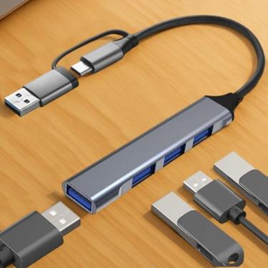 Imagem de Hub USB 2 em 1 de cabeça dupla - Hub de dados USB 3.0 e USB-C, divisor USB de 4 portas para laptop/PC/telefone (uma porta USB 3.0 e três portas USB 2.0)
