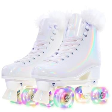 Imagem de JajaHoho Patins para mulheres, patins clássicos holográficos de cano alto perolado perolado brilhante fileira dupla glitter rodas quadriciclos patins para meninas, interior e exterior (Cisne branco