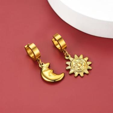 Imagem de Brincos masculinos de argola com pingente de sol e lua, One Size, Aço inoxidável, Sem pedra preciosa