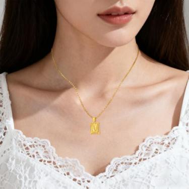 Imagem de Colar com monograma quadrado de ouro A a Z com moldura ornamentada de filigrana pingente de letra estilo barroco corrente de declaração para camadas, F, Aço inoxidável, Sem Pedra Preciosa