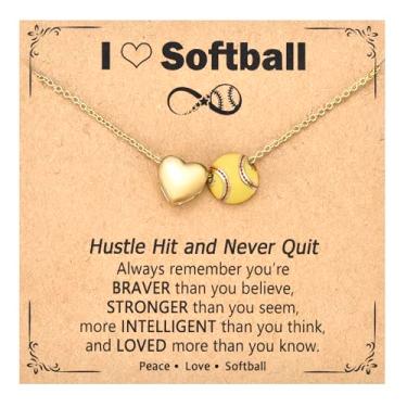 Imagem de PODLEV Presentes de softbol para mulheres e meninas, colar ajustável com pingente de coração banhado a ouro de 40,6 cm + 5 cm, acessórios esportivos, joias, Natal, aniversário, dias de jogos