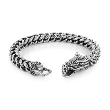 Imagem de HZMAN Pulseira masculina de aço inoxidável de 8,5 polegadas para dragão/cobra/lobo, corrente de elos cubanos, 8 mm de largura, pulseira punk de metal pesado, 8.5In, Sem Pedra Preciosa