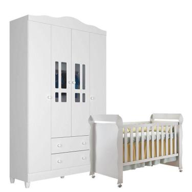 Imagem de Berço Americano Mirelle E Guarda Roupa Infantil Ariel 4 Portas Branco Brilho - Carolina