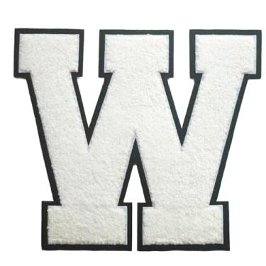 Imagem de 1 Patch de letra de chenille de ferro branco de 16,5 cm com borda preta – Remendos do alfabeto para roupas, jaquetas, mochilas, chapéus para decoração personalizada, nome personalizado e artesanato