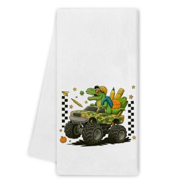 Imagem de Noaleviax Toalhas de cozinha de caminhão de dinossauro - decoração de banheiro de dinossauro infantil, presentes para amantes de dinossauros, toalhas de mão engraçadas de dinossauro pano de prato para