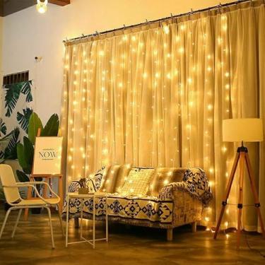 Imagem de Cortina LED Decorativa, 3x3 Metros, 300 Luzes Quentes, USB com 8 Modos, para Casamento, Festa, Natal, Decoração Interior
