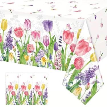 Imagem de Blzzjttt 3 peças, capa de mesa de tulipa, 137 x 272 cm, primavera, verão, tulipa de plástico, florescendo, florescendo, descartável, toalha de mesa, aquarela, tulipa, decoração de festa, toalha de