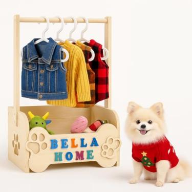 Imagem de Armário de madeira para cães pequenos, guarda-roupa para animais de estimação com vara suspensa e cestas de armazenamento, organizador de armário para cães para roupas e brinquedos