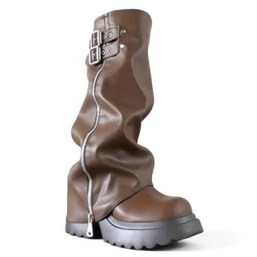 Imagem de Botas femininas dobráveis na altura do joelho plataforma grossa confortável com zíper lateral largo com fivela decoração botas de equitação festival concerto punk rave botas, Marrom, 36