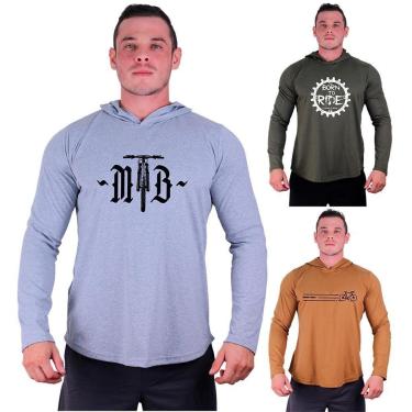 Imagem de Kit 3 Camisetas Manga Longa com Touca Longline Estampada Treino Academia Lazer Casual-Masculino