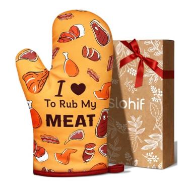 Imagem de Slohif Luva de forno engraçada resistente ao calor para mulheres - 1 pacote com 1 luva de forno de cozinha com 100% algodão para assar e cozinhar acessórios (carne)