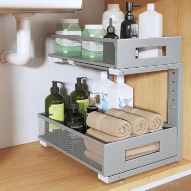 Imagem de Organizador sob a pia, gavetas organizadoras duplas de 2 camadas com trilho circular liso, prateleiras deslizantes de malha metálica de grande capacidade para armazenamento de banheiro e cozinha