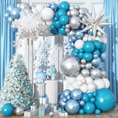 Imagem de Balões de floco de neve azul branco arco metálico azul prata guirlanda inverno Onederland decorações de festa de aniversário princesa pavão azul-petróleo hélio látex balões explosão estrela ano novo