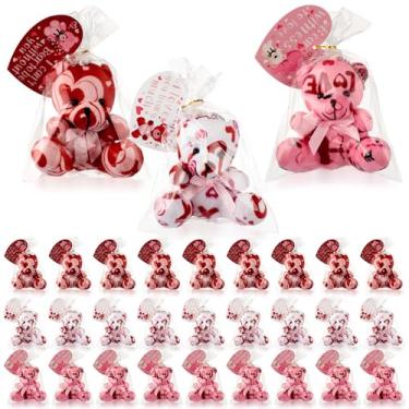 Imagem de Poen Pacote com 27 mini ursos de pelúcia com cartões de coração para crianças em sala de aula, intercâmbio escolar, presentes de Dia dos Namorados, chaveiro vermelho de bicho de pelúcia para