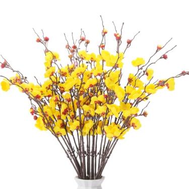 Imagem de GrainBuds Ramos de cerejeira amarela flores artificiais para decoração interna de outono Winte, plantas de pêssego falsas para casamento, casa, escritório, quarto, festa