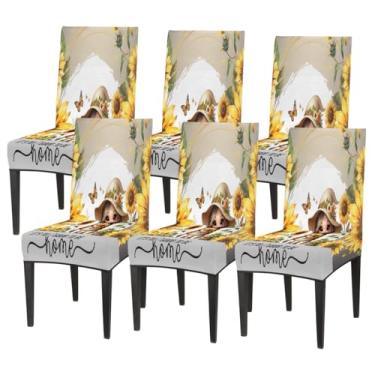 Imagem de hongjinglin Conjunto de 6 capas elásticas para cadeira de sala de jantar, capa protetora de assento de cadeira, gnomo, girassol, removível, lavável, para cozinha, casa, hotel, banquete, festa de