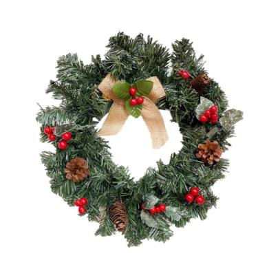 Imagem de Guirlanda de Natal Decorativa, 35x35 cm, com Folhagens, Frutinhas Vermelhas e Laço e Pinhas