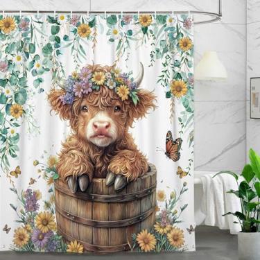 Imagem de AUWUUA Cortina de chuveiro I Sage Green Eucalyptus Highland Cow para banheiro 123 x 220 cm (123 x 220 cm) cortinas de banheiro rústicas para casa de fazenda, tecido impermeável de gado engraçado em
