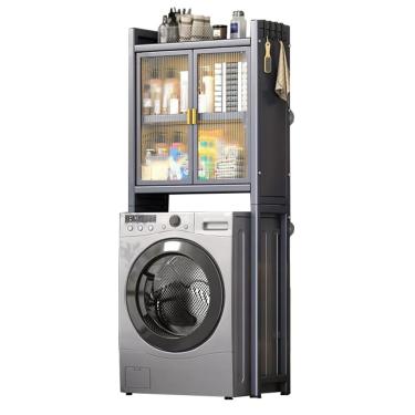 Imagem de SPXMQSS Unidade de armazenamento para máquina de lavar, armazenamento sobre vaso sanitário com porta, economia de espaço de banheiro independente com prateleira ajustável prateleira de armazenamento