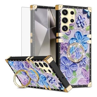 Imagem de Asuwish Capa de celular para Samsung Galaxy S24 Ultra 5G capa magnética com protetor de tela de vidro temperado e anel protetor de flor de pintura suporte rígido S24Ultra 24S S 24 24Ultra feminino