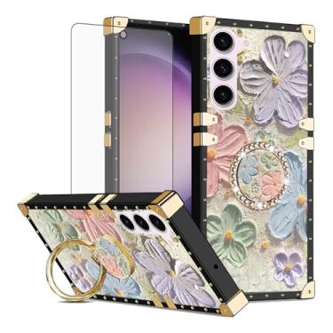 Imagem de Asuwish Capa de celular para Samsung Galaxy S23 5G capa magnética com protetor de tela de vidro temperado e anel protetor de flor de pintura suporte rígido S 23 23S GS23 G5 SM-S911U 6,1 polegadas