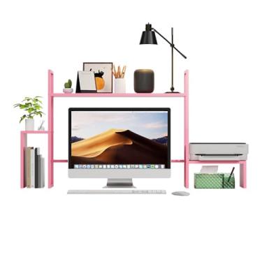 Imagem de WelFurGeer Prateleira de mesa de madeira de 2 camadas com faixa de luz RGB - Organizador de mesa de 124 cm para monitor máximo de 71 cm - Estante de escritório em casa e dormitório - Rosa