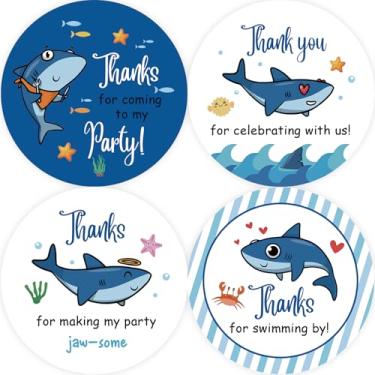 Imagem de 80 adesivos Shark Thank You, adesivos redondos de tubarão, etiquetas redondas de animais do oceano para lembrancinhas de festa temáticas de aniversário/chá de bebê