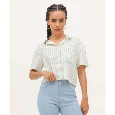 Imagem de Camisa Cropped Feminina Listrada Manga Curta Marisa-55002, Bege, G