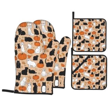 Imagem de Chapéu de bruxa - Conjunto de luvas de cozinha estampadas com suportes de tampa, luvas de forno resistentes ao calor para manusear panelas quentes, grelhar, churrascos, kit de 4 peças.