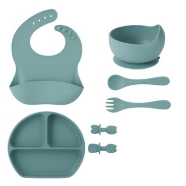 Imagem de Kit 6 Alimentação Bebê Silicone Prato Babador Copo Tigela Cor Verde Introdução Alimentar infantil