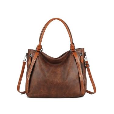 Imagem de myfriday Bolsa vintage despojada para mulheres, bolsa de ombro grande de couro vegano Hobo com alça ajustável, Marrom escuro