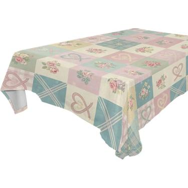 Imagem de Burbuja Toalha de mesa xadrez com coração de flores, toalha de mesa retangular, anti-rugas, grossa para decoração de jantar, cozinha, festa, 152 x 274 cm