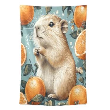 Imagem de STAYTOP Tapeçaria fofa capivaras e laranjas tapeçarias de parede para decoração de casa decoração de dormitório sala de estar quarto tapete de parede (60 × 51 polegadas)