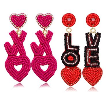 Imagem de Brincos de coração dos namorados, 2 pares de brincos com contas de coração para mulheres e meninas, hipoalergênicos, feitos à mão, amor, XO XO, brincos pendentes em formato de coração duplo, grande, vermelho, rosa choque, férias, presente de dia dos namorados, joias de aniversário, contas, Miçangas