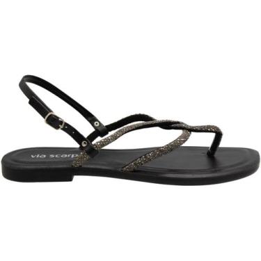 Imagem de Sandália Rasteira Via Scarpa Strass Napa Tiras Feminina, 37, Preto