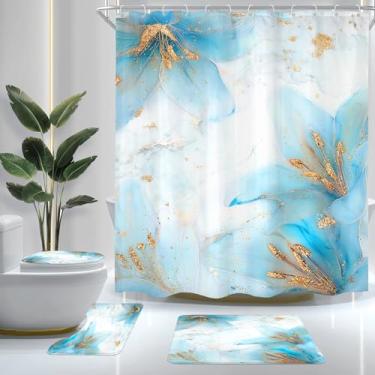 Imagem de Cinbloo Conjunto de 4 peças de cortina de chuveiro azul e dourado, cortina de banheiro com flores florais abstratas com tapete, capa de tampa de vaso sanitário, tapete de banho, cortina de chuveiro de