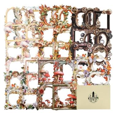 Imagem de Moriquill 60 peças de adesivos retrô para scrapbook - bordas de engrenagem de cogumelo, borboleta e steampunk, molduras vazadas de cartolina para diários, álbuns, etiquetas e colagem de diário de lixo
