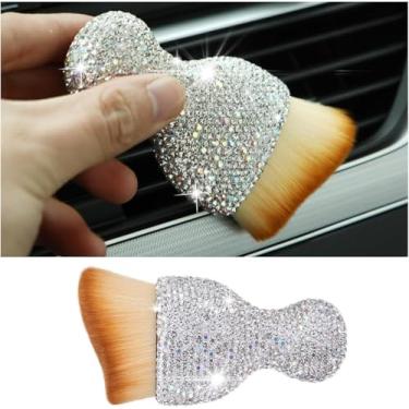 Imagem de Escova de limpeza de poeira interior de carro com alça brilhante com strass, cerdas ultramacias, removedor de sujeira à prova de arranhões para painel e saídas de ar condicionado (prata)