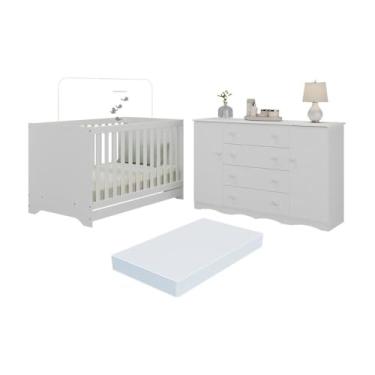 Imagem de Berço Americano 3 em 1 com Colchão Incluso e Cômoda 2 Portas 4 Gavetas Realeza Multimóveis Mp4705 Branco