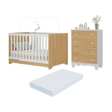 Imagem de Berço Americano 3 em 1 com Colchão Incluso e Cômoda 4 Gavetas Dengo Multimóveis Mp4702 Branco/madeirado