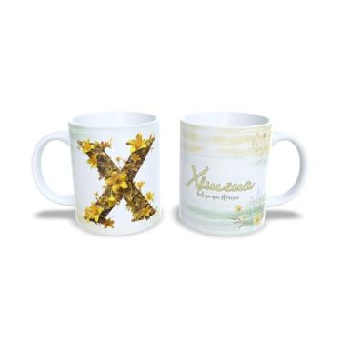 Imagem de Caneca de Cerâmica Personalizada Alice com Design Floral, Branco e Amarelo, 325 ml (x)
