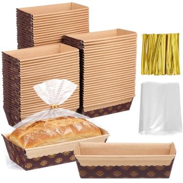 Imagem de Sabary 100 peças de mini formas de papel descartáveis com sacos de pão de plástico transparente, formas de assar pão de papel para padaria de produtos assados (5,9 x 2,5 x 1,9 polegadas)