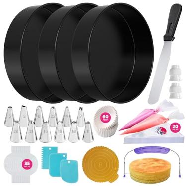 Imagem de RICCLE Conjunto de 138 peças de formas de bolo redondas para assar, conjunto de formas de 7 x 20 cm, conjunto de sacos de confeitar e pontas, nivelador de bolo, espátula de gelo, forros de cupcake