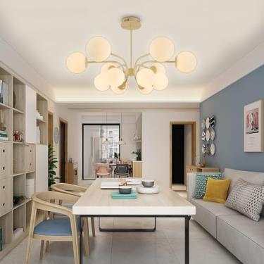 Imagem de Lustre Sputnik moderno com 12 lâmpadas e cúpula de vidro opalino branco de 15 cm, ajustável em altura para tetos planos e inclinados, ideal para cozinha, sala de estar, sala de jantar e quar