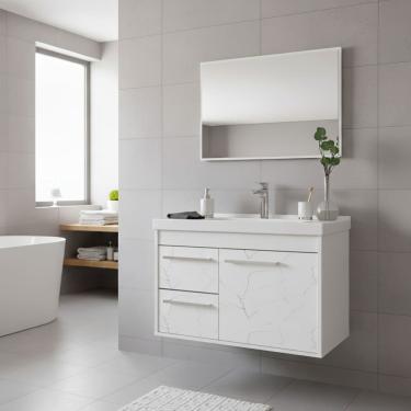 Imagem de Kit Armário para Banheiro 60cm MDF com Cuba + Espelheira - Potenza Branco