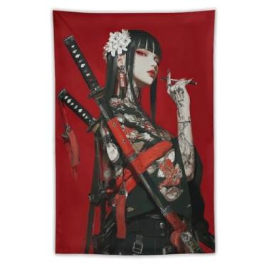 Imagem de MFOOYYI Menina com espadas de samurai e tatuagem tapeçaria decoração de parede grande arte de parede bandeira pendurada para quarto sala de estar dormitório escritório 101 x 152 cm